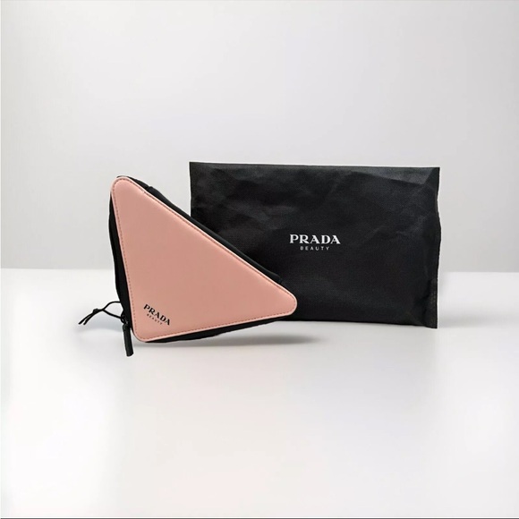 PRADA Triangle Clutch Bag Cosmetic Pouch Pink & Black WITH CHAIN - Picture 4 of 5